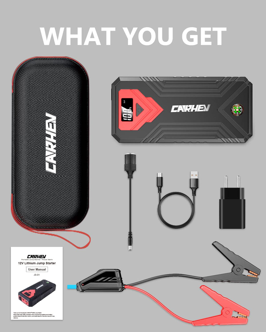 3000A 24000mAh 12V Jump Starter with LED Light and USB QC 3.0 I347