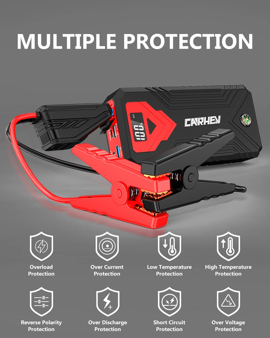 3000A 24000mAh 12V Jump Starter with LED Light and USB QC 3.0 I347
