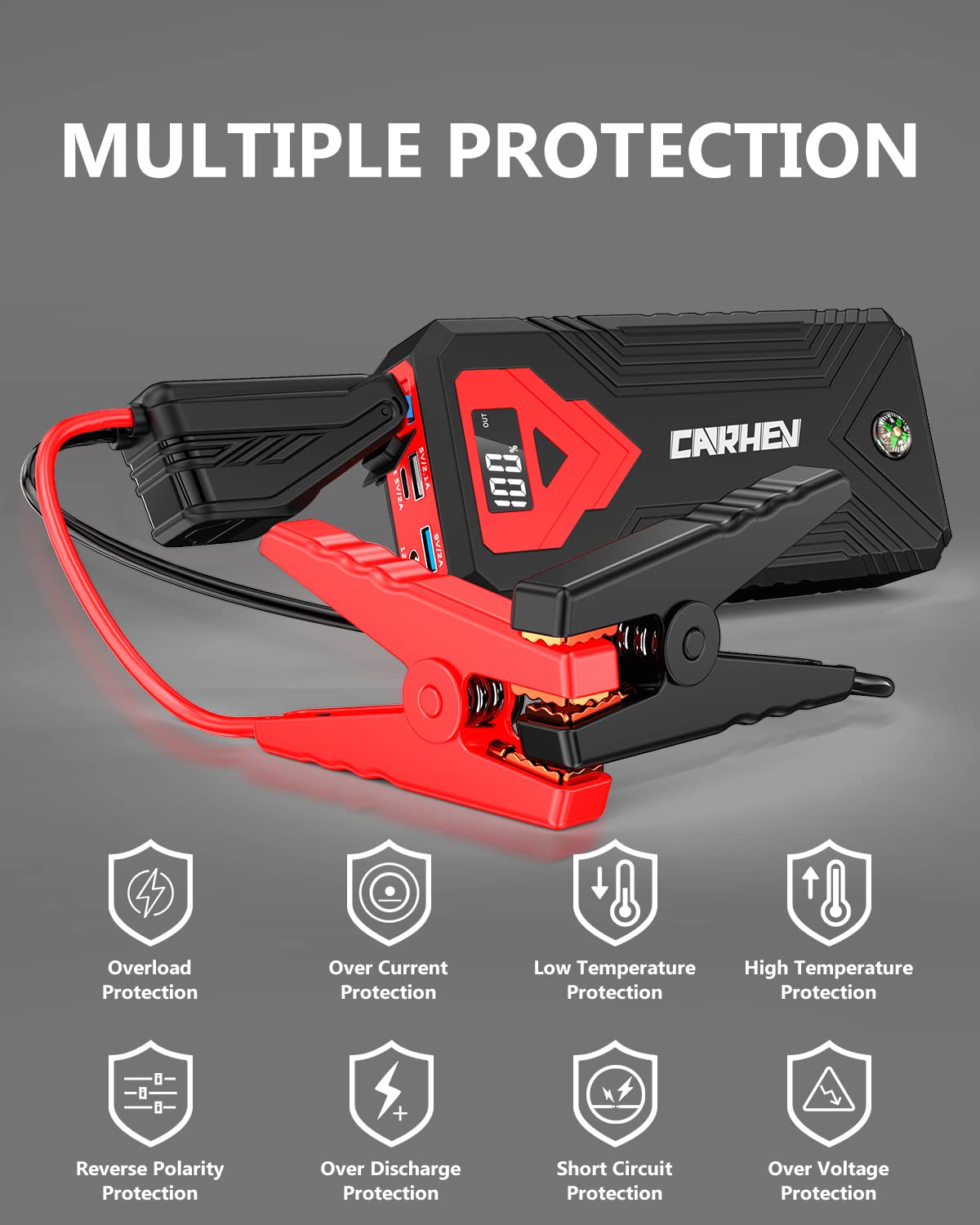 3000A 24000mAh 12V Jump Starter with LED Light and USB QC 3.0 I347