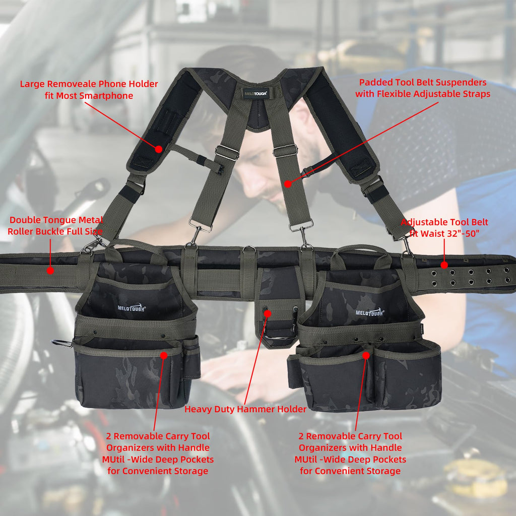 Camo Tool Belt with Suspenders Tool Pouch Organizer Heavy Duty J861