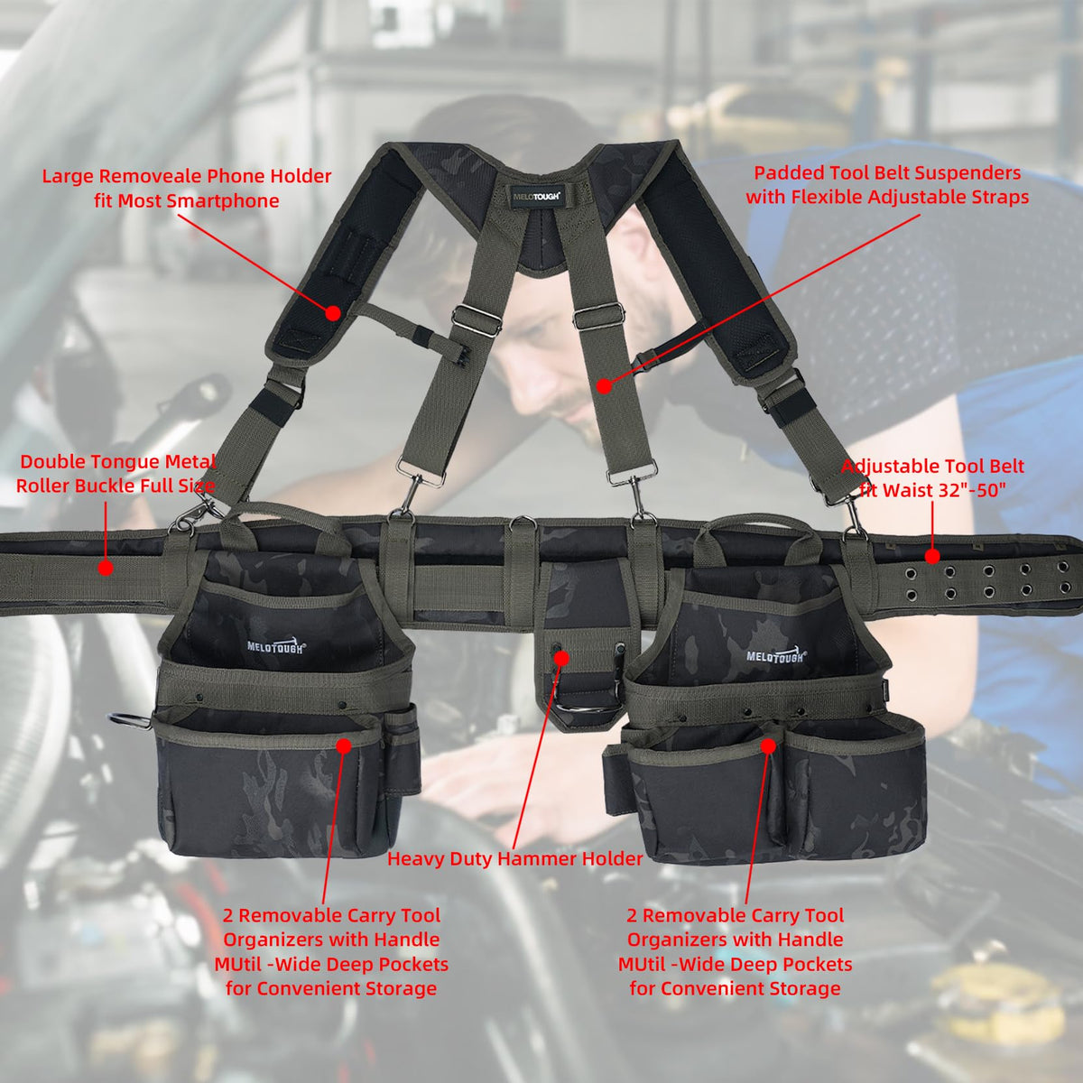 Camo Tool Belt with Suspenders Tool Pouch Organizer Heavy Duty J861
