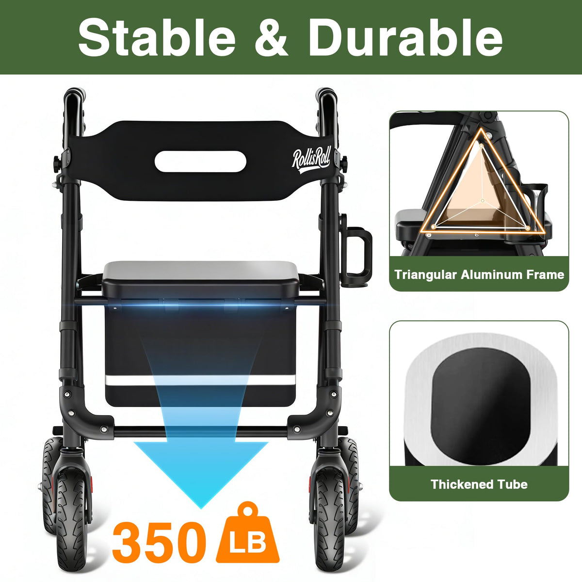 Lightweight Foldable Rollator Walker with 8" Rubber Wheels, 350lb Capacity, Black P784476