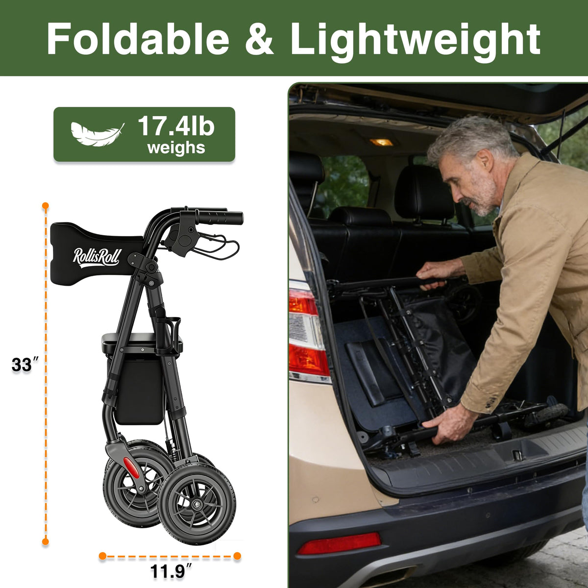 Lightweight Foldable Rollator Walker with 8" Rubber Wheels, 350lb Capacity, Black P784476