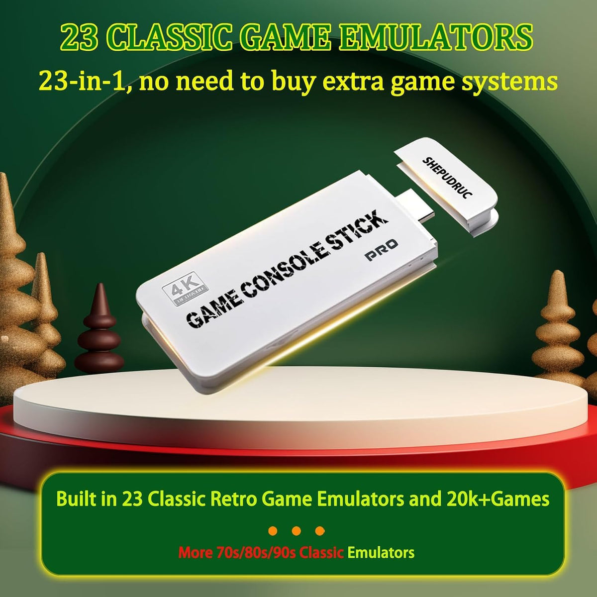 Wireless Retro Gaming Console Stick, 23 Built-In Emulators, 20,000+ Games, 4K HDMI Output, Dual 2.4G Wireless Controllers, 64GB W421