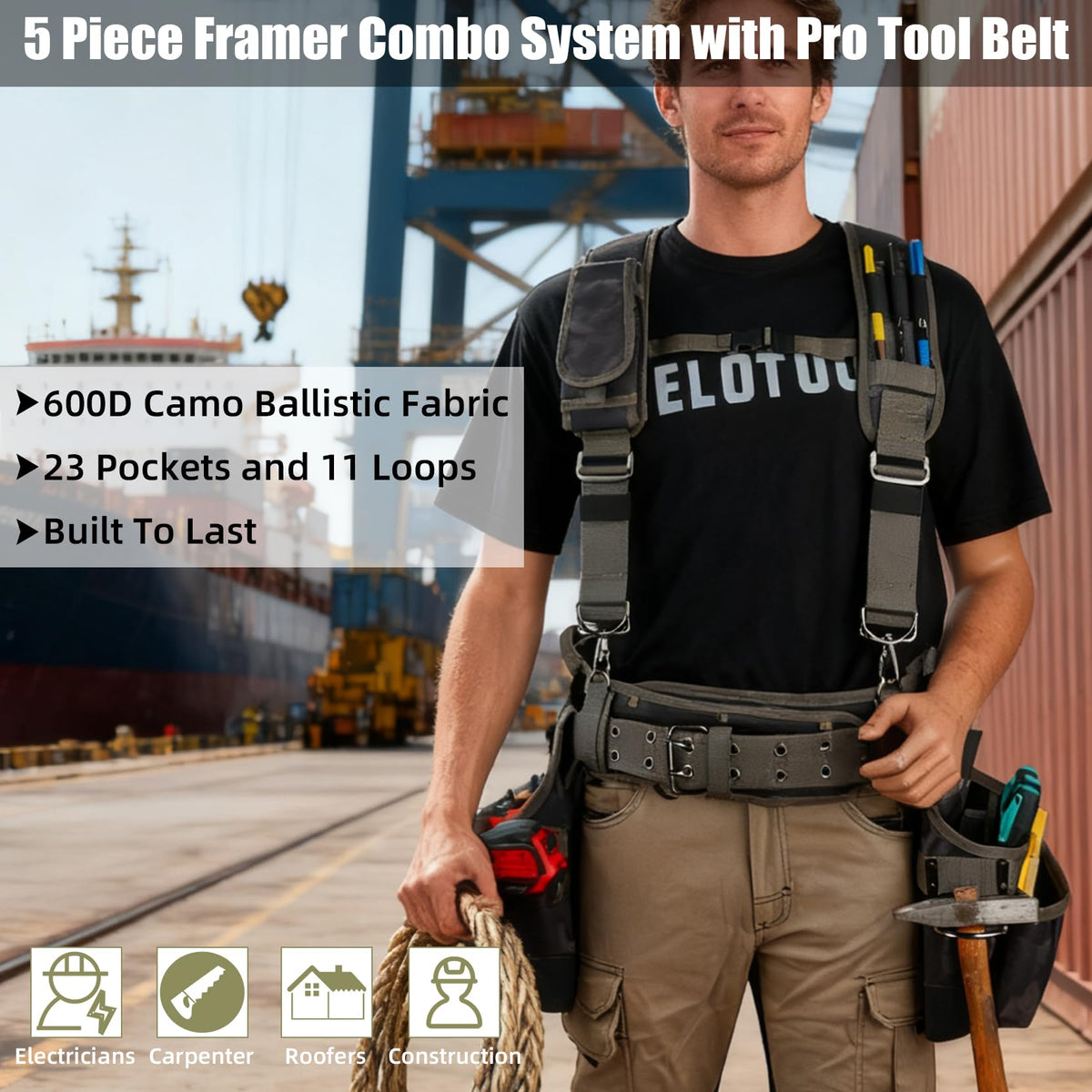 Camo Tool Belt with Suspenders Tool Pouch Organizer Heavy Duty J861