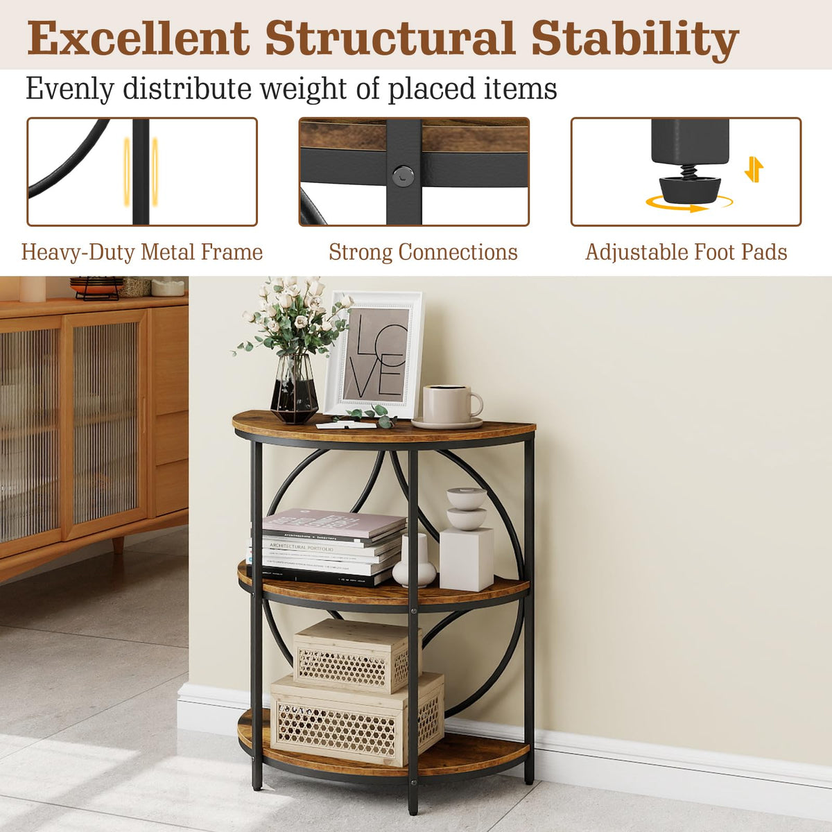 Half Round 3-Tier Sofa Side Table with Storage Shelves S2625