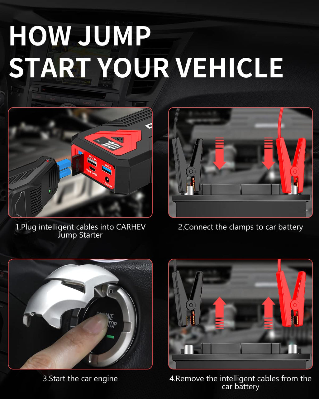 3000A 24000mAh 12V Jump Starter with LED Light and USB QC 3.0 I347