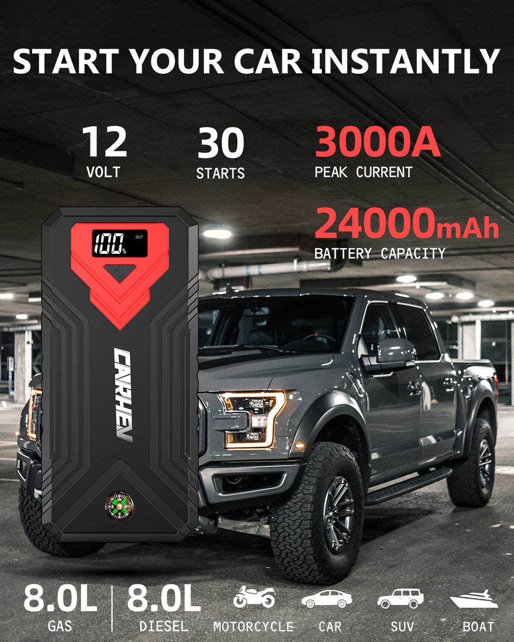 3000A 24000mAh 12V Jump Starter with LED Light and USB QC 3.0 I347