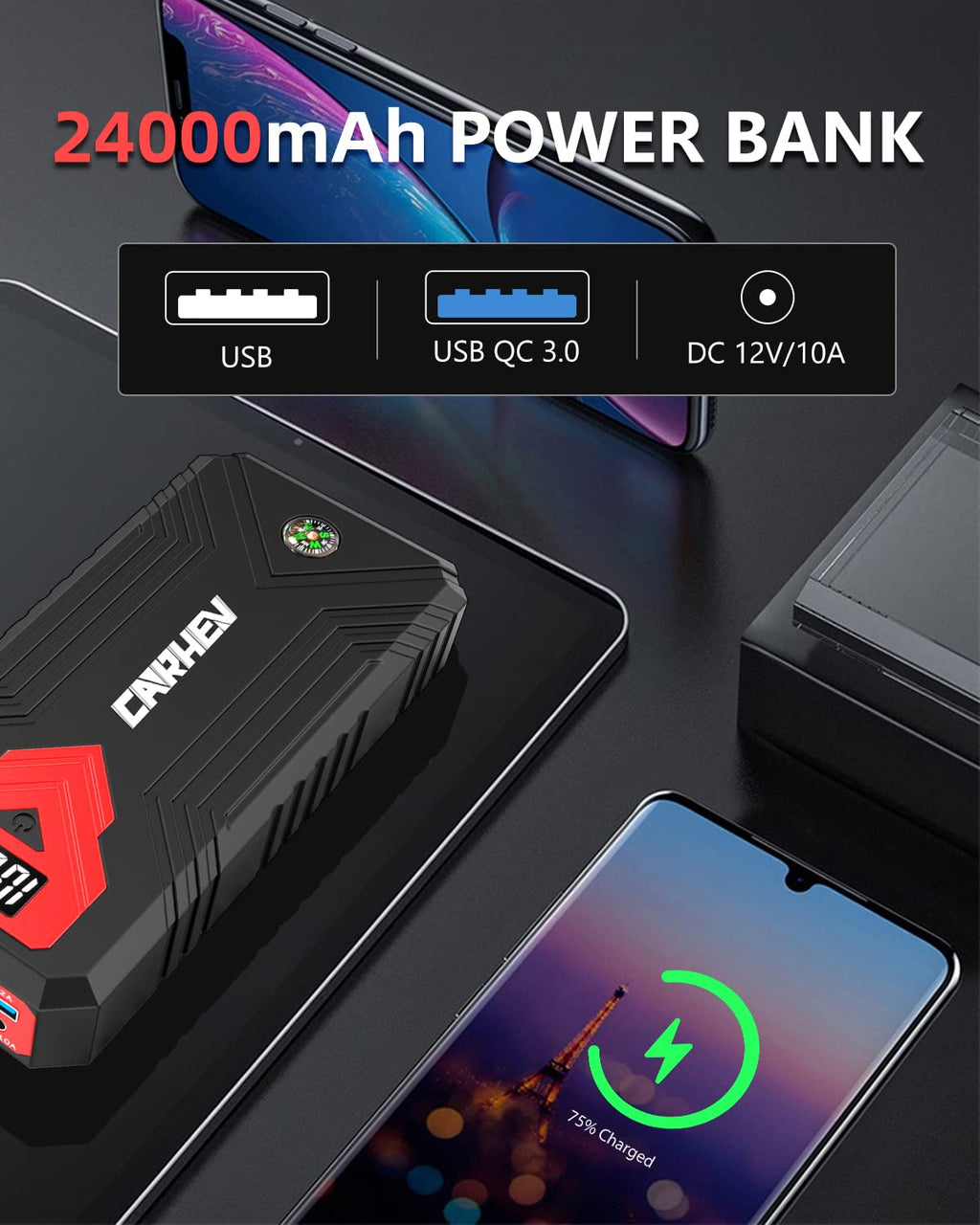 3000A 24000mAh 12V Jump Starter with LED Light and USB QC 3.0 I347