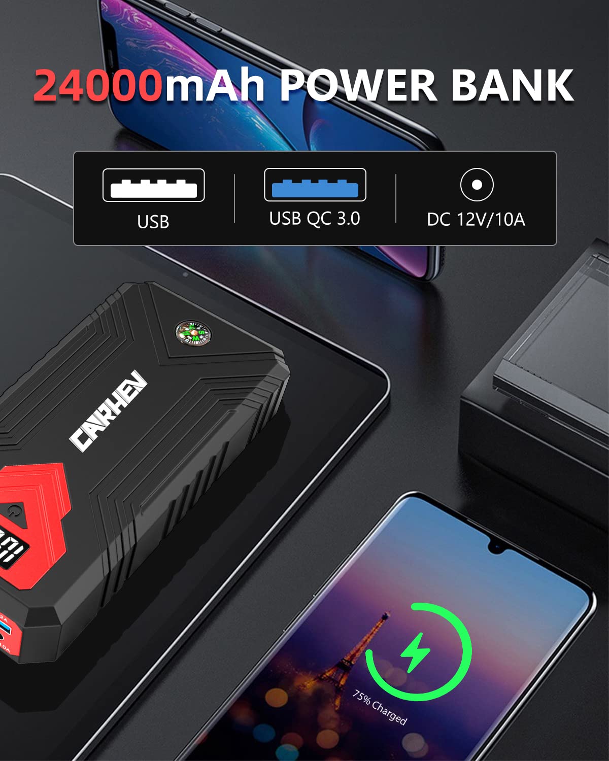 3000A 24000mAh 12V Jump Starter with LED Light and USB QC 3.0 I347
