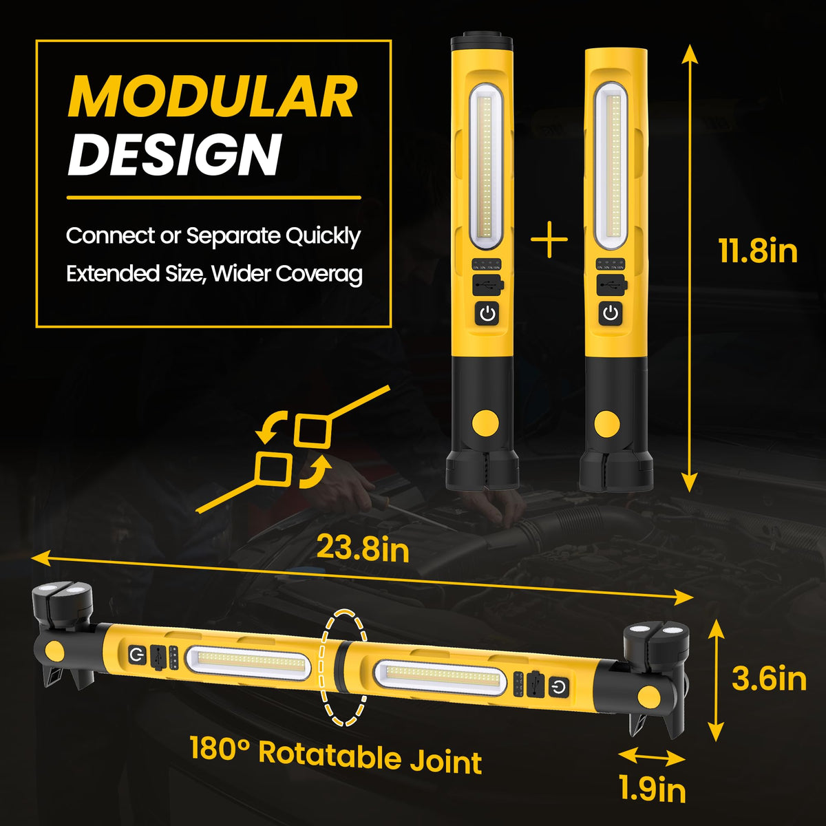 Magnetic Rechargeable LED Work Light with Detachable Dual Light Bars I401