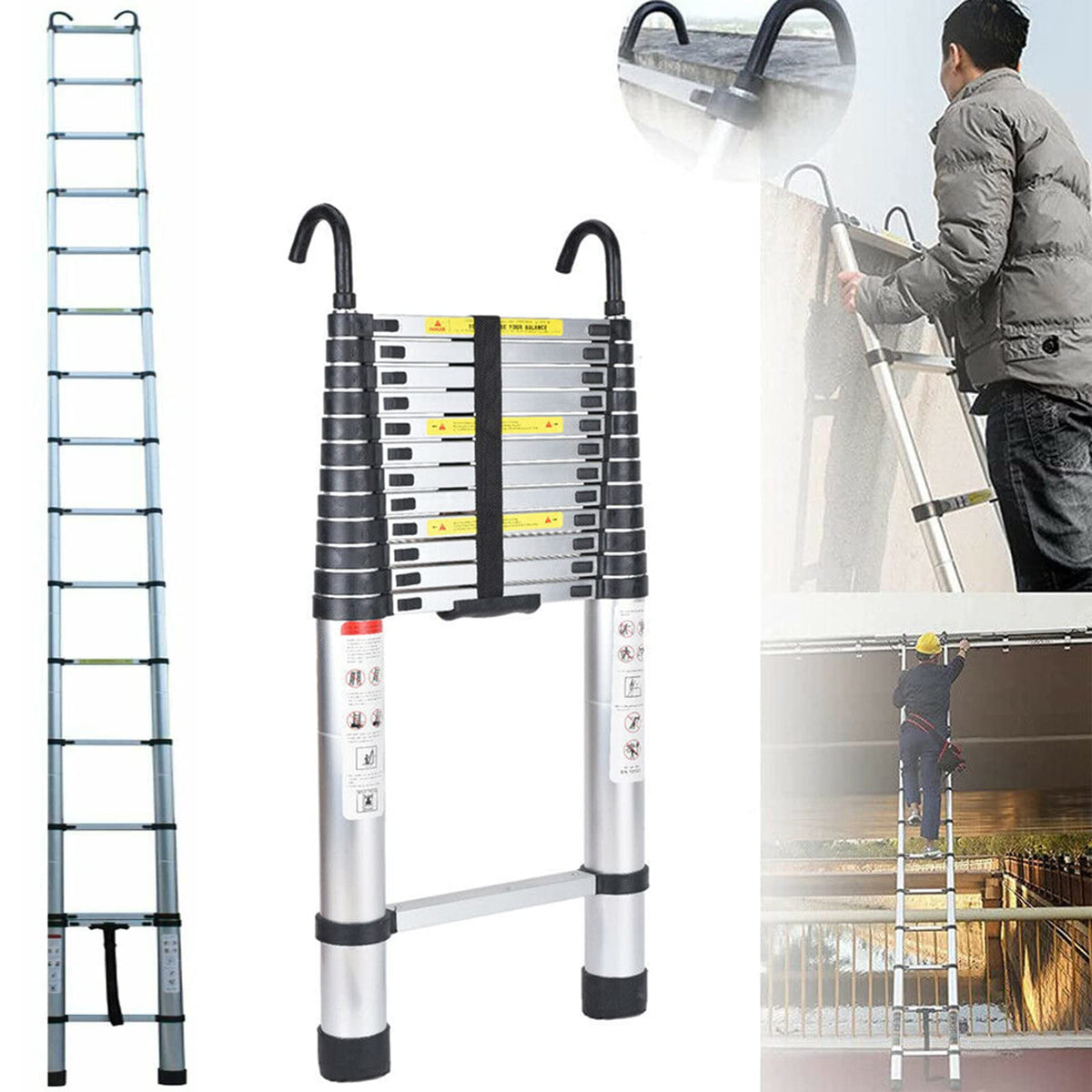 Aluminum Telescoping Ladder with Hooks, 20.3FT One Button Retraction 330lbs Capacity V644