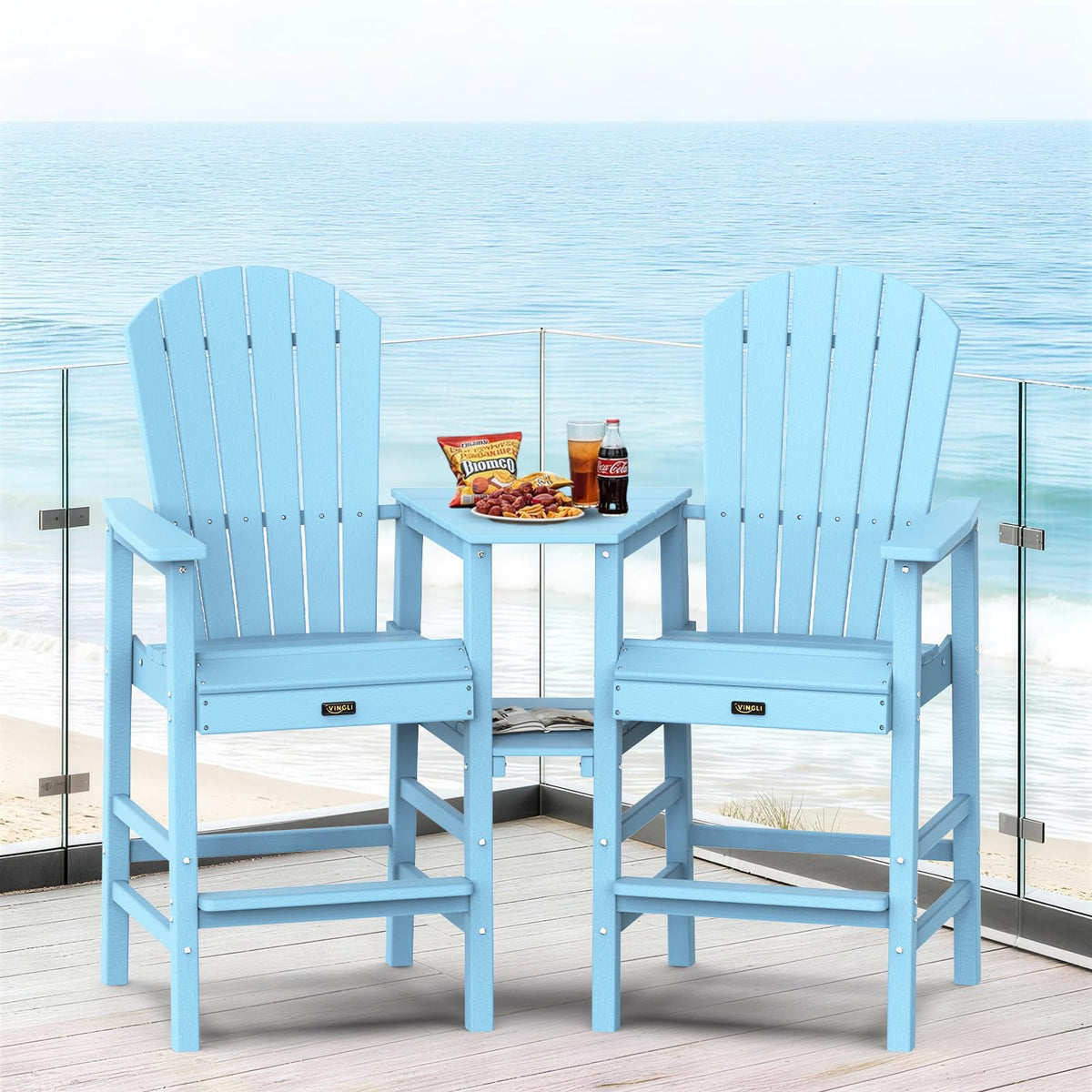 Blue Set of 2 Tall Adirondack Chairs with Dual Trays I7580