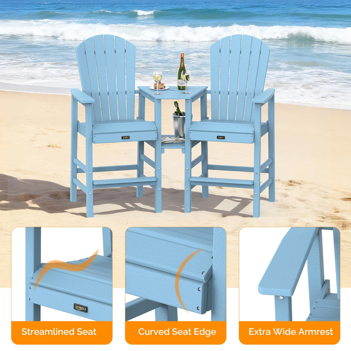 Blue Set of 2 Tall Adirondack Chairs with Dual Trays I7580