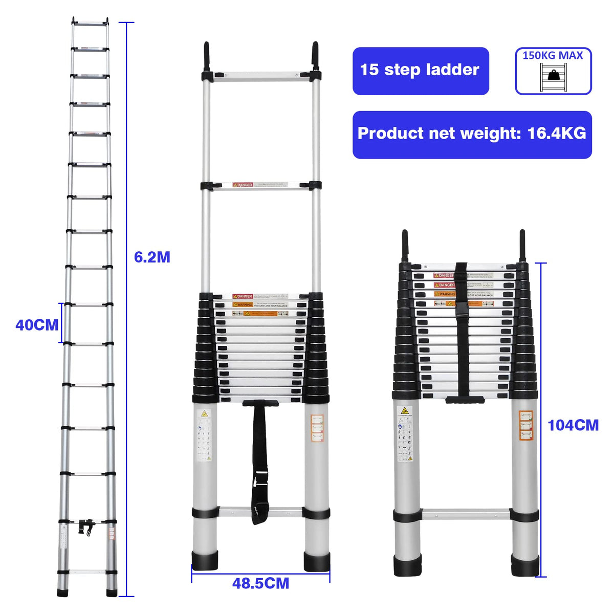 Aluminum Telescoping Ladder with Hooks, 20.3FT One Button Retraction 330lbs Capacity V644