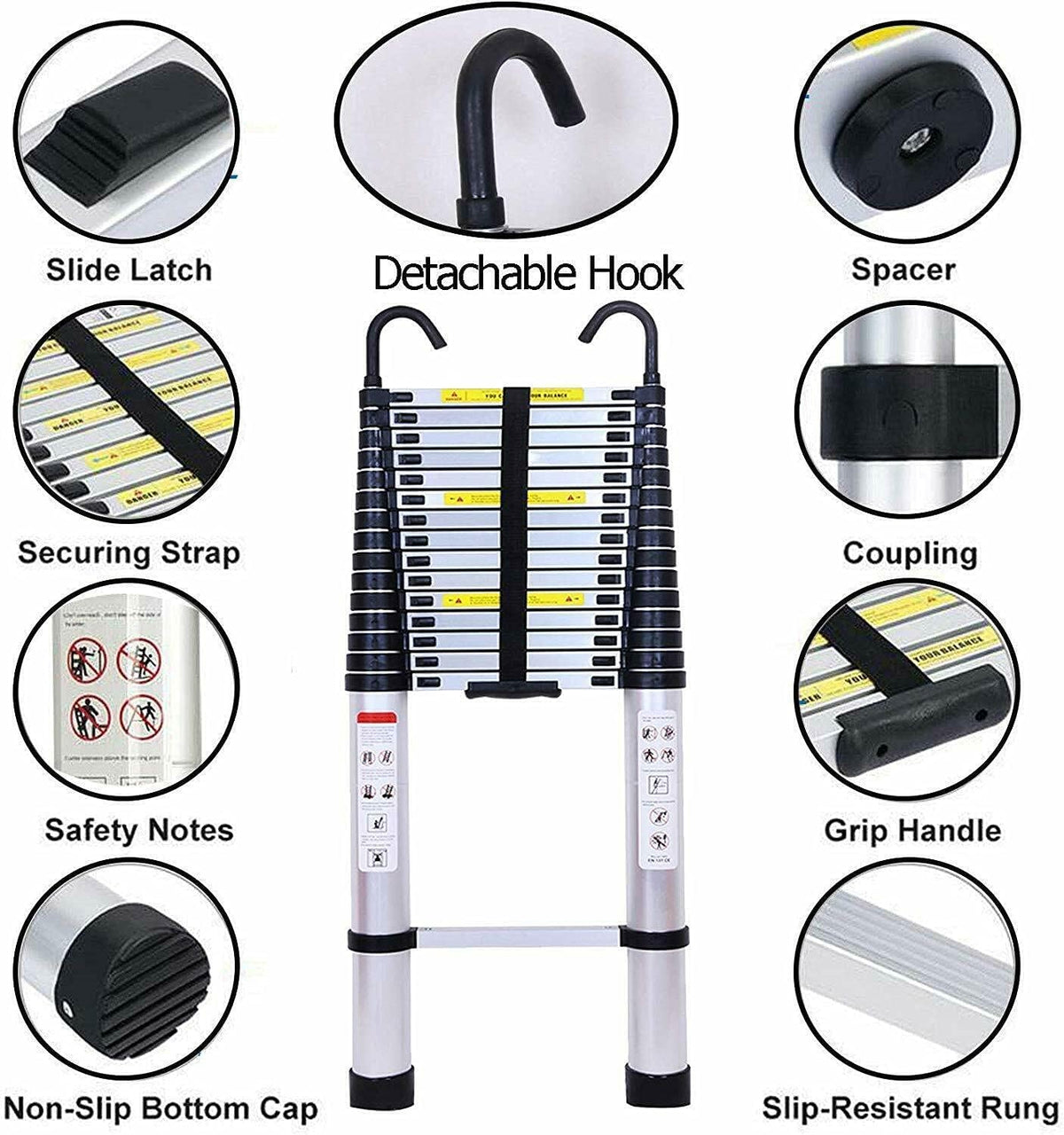 20FT Aluminum Telescoping Ladder with 2 Detachable Hooks, 330 lb Capacity H9325