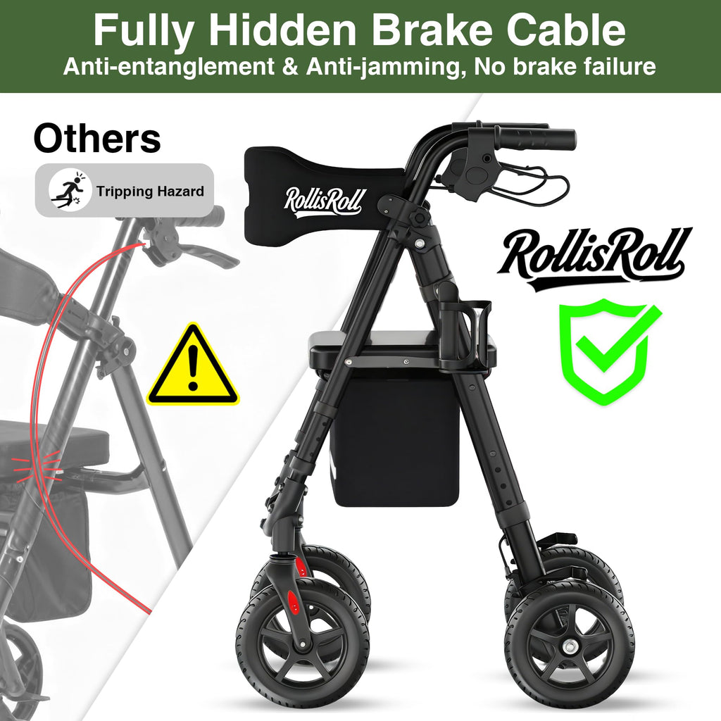 Lightweight Foldable Rollator Walker with 8" Rubber Wheels, 350lb Capacity, Black P784476