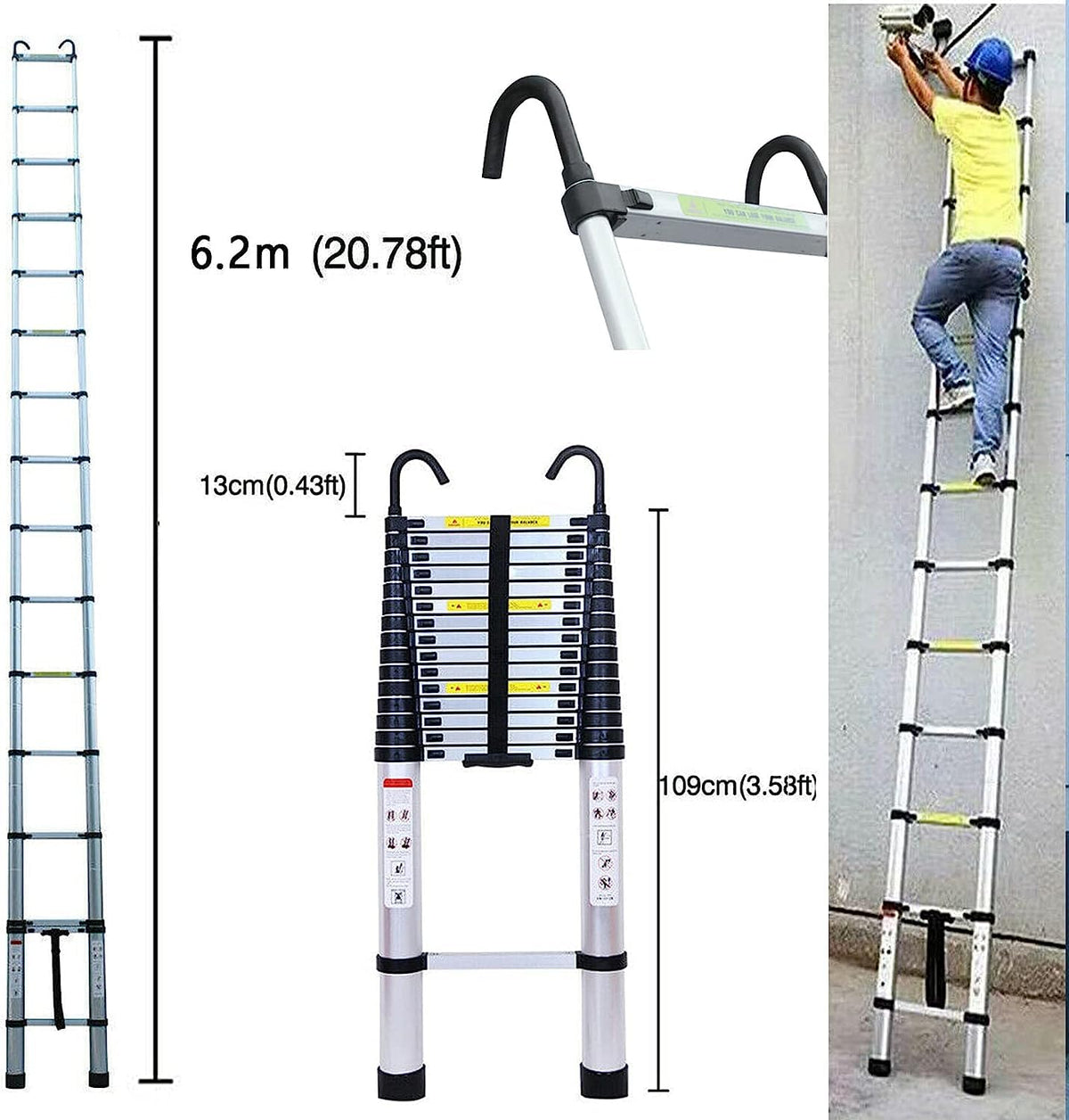 20FT Aluminum Telescoping Ladder with 2 Detachable Hooks, 330 lb Capacity H9325