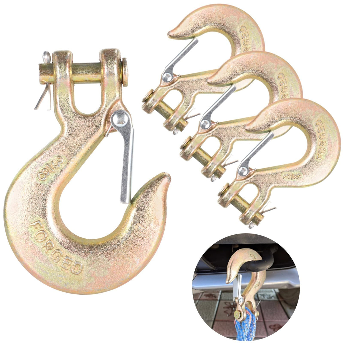 4-Pack 3/8 Forged Clevis Slip Hooks with Safety Latch I42803