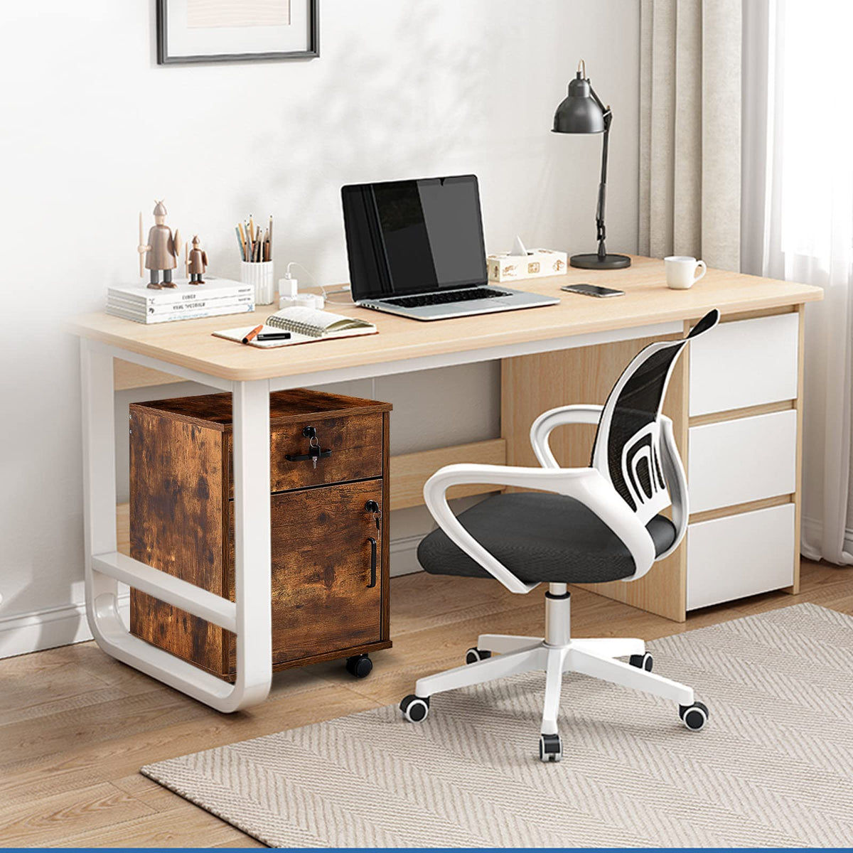 1 Drawer Wood File Cabinet with Lock and Wheels B570377