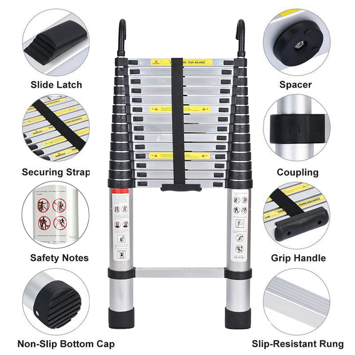 Aluminum Telescoping Ladder with Hooks, 20.3FT One Button Retraction 330lbs Capacity V644