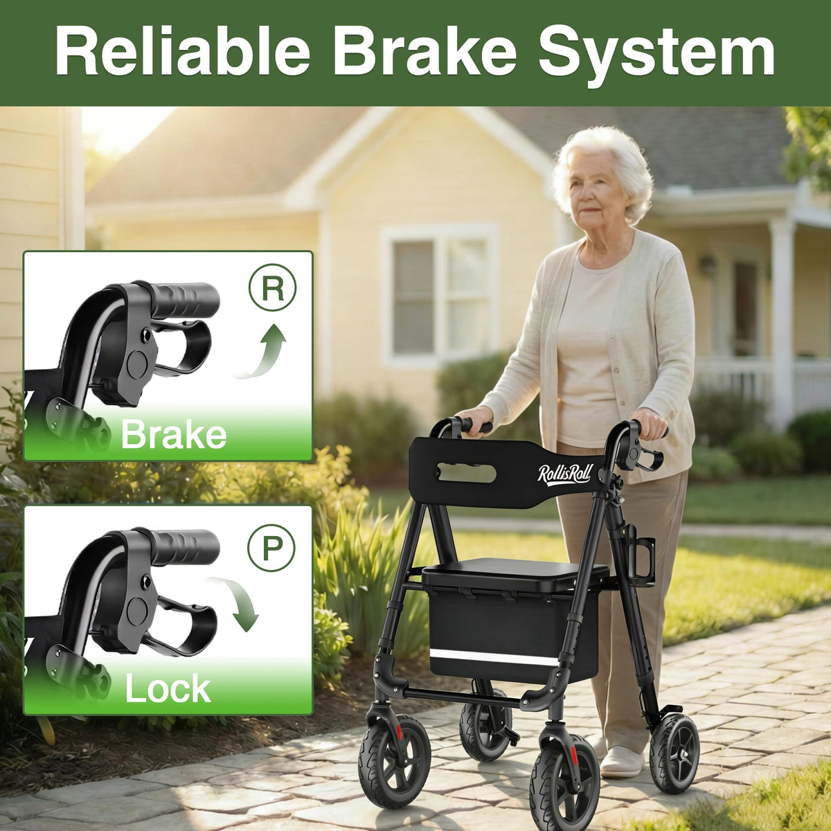 Lightweight Foldable Rollator Walker with 8" Rubber Wheels, 350lb Capacity, Black P784476