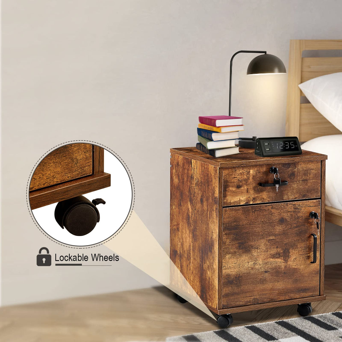 1 Drawer Wood File Cabinet with Lock and Wheels B570377