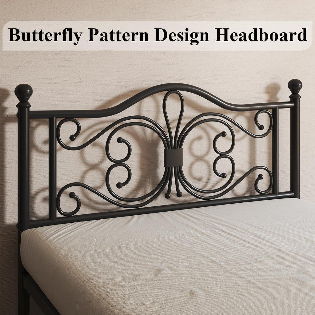 Black Full Bed Frame with Butterfly Pattern Headboard & Footboard D94200