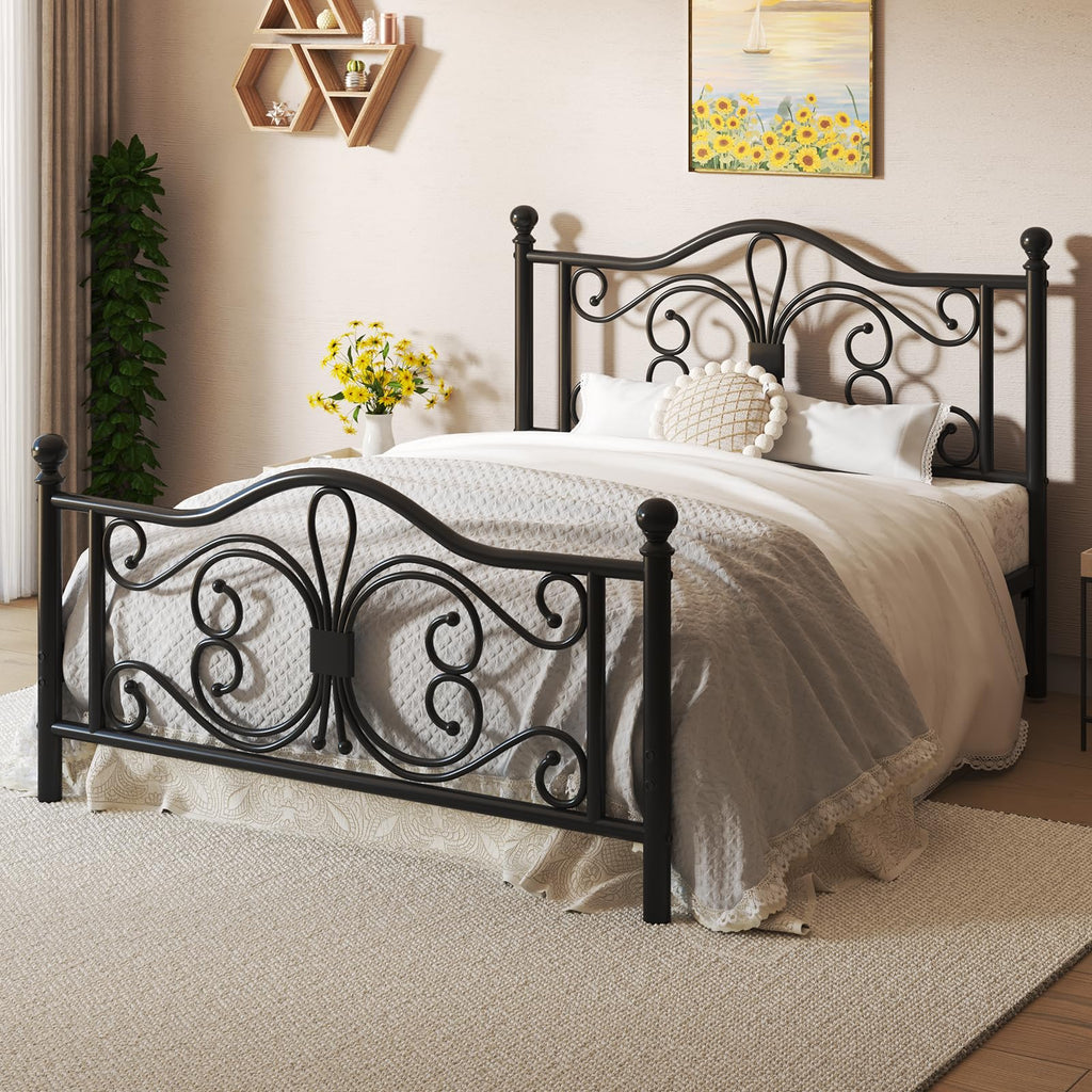 Black Full Bed Frame with Butterfly Pattern Headboard & Footboard D94200