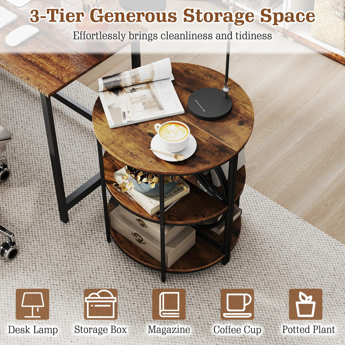Half Round 3-Tier Sofa Side Table with Storage Shelves S2625