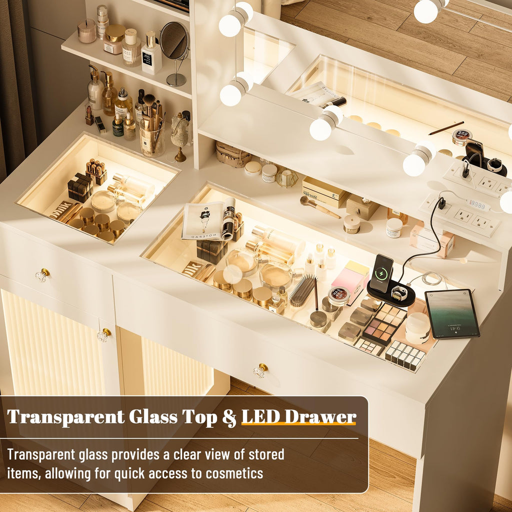 40" White Vanity Desk with Mirror and Lights J21761