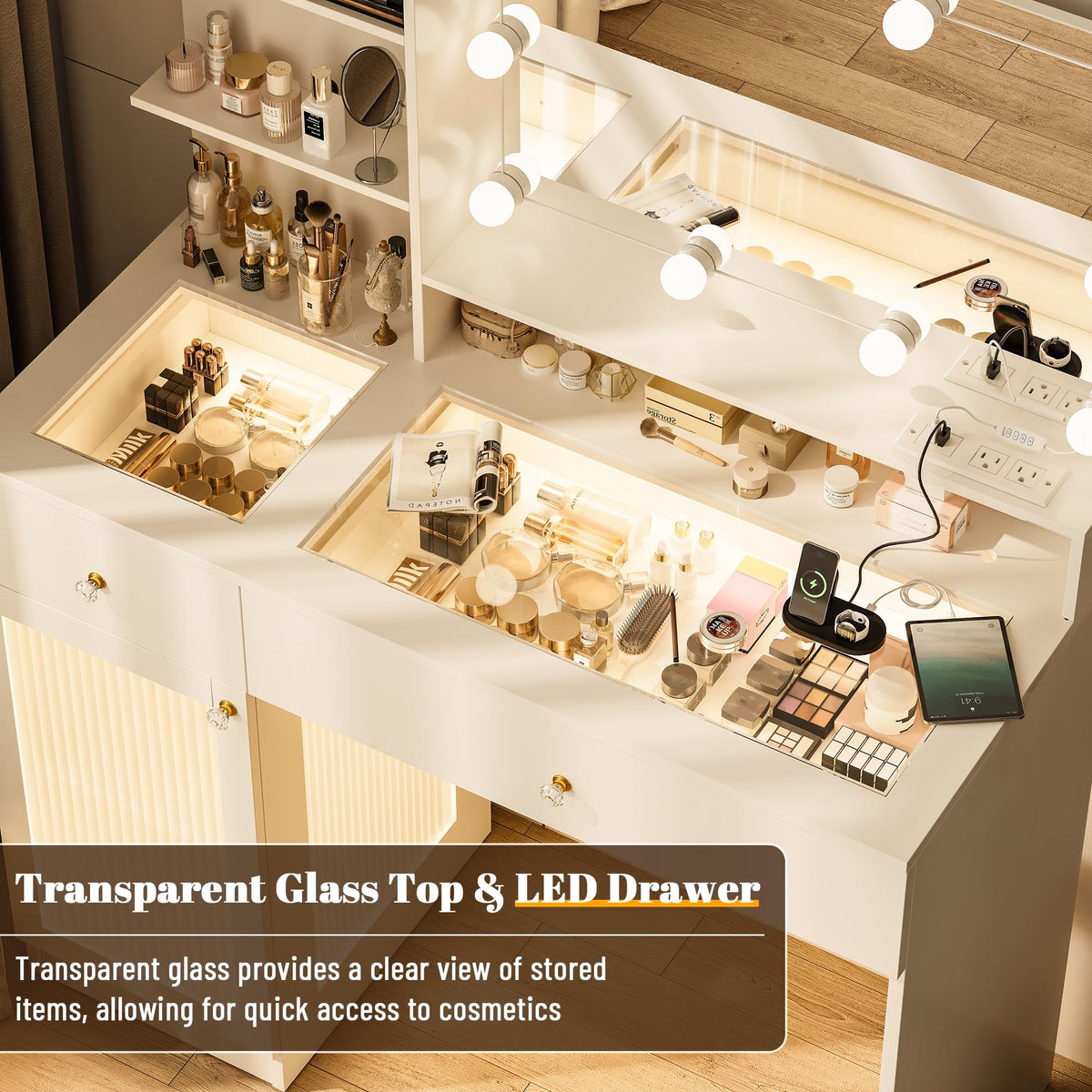 40" White Vanity Desk with Mirror and Lights J21761
