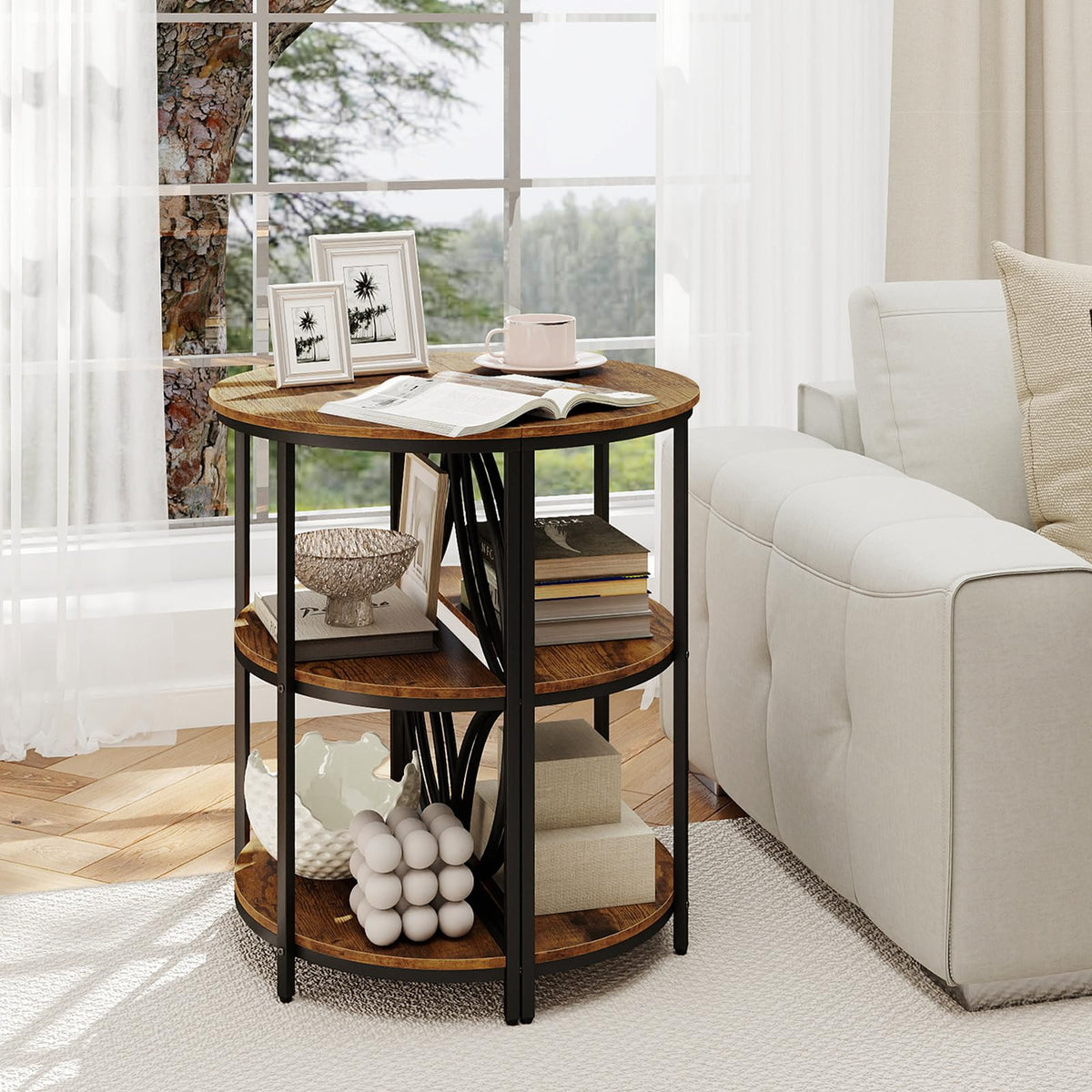 Half Round 3-Tier Sofa Side Table with Storage Shelves S2625