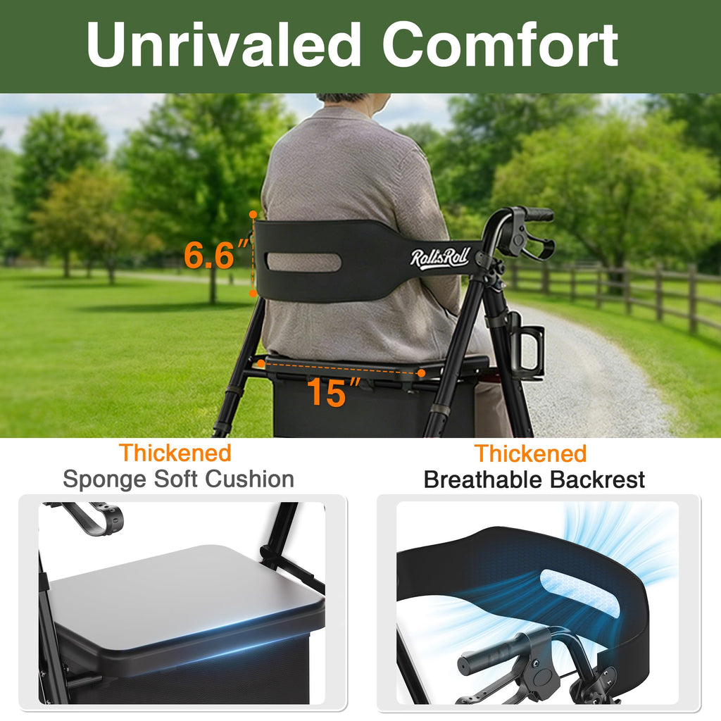 Lightweight Foldable Rollator Walker with 8" Rubber Wheels, 350lb Capacity, Black P784476