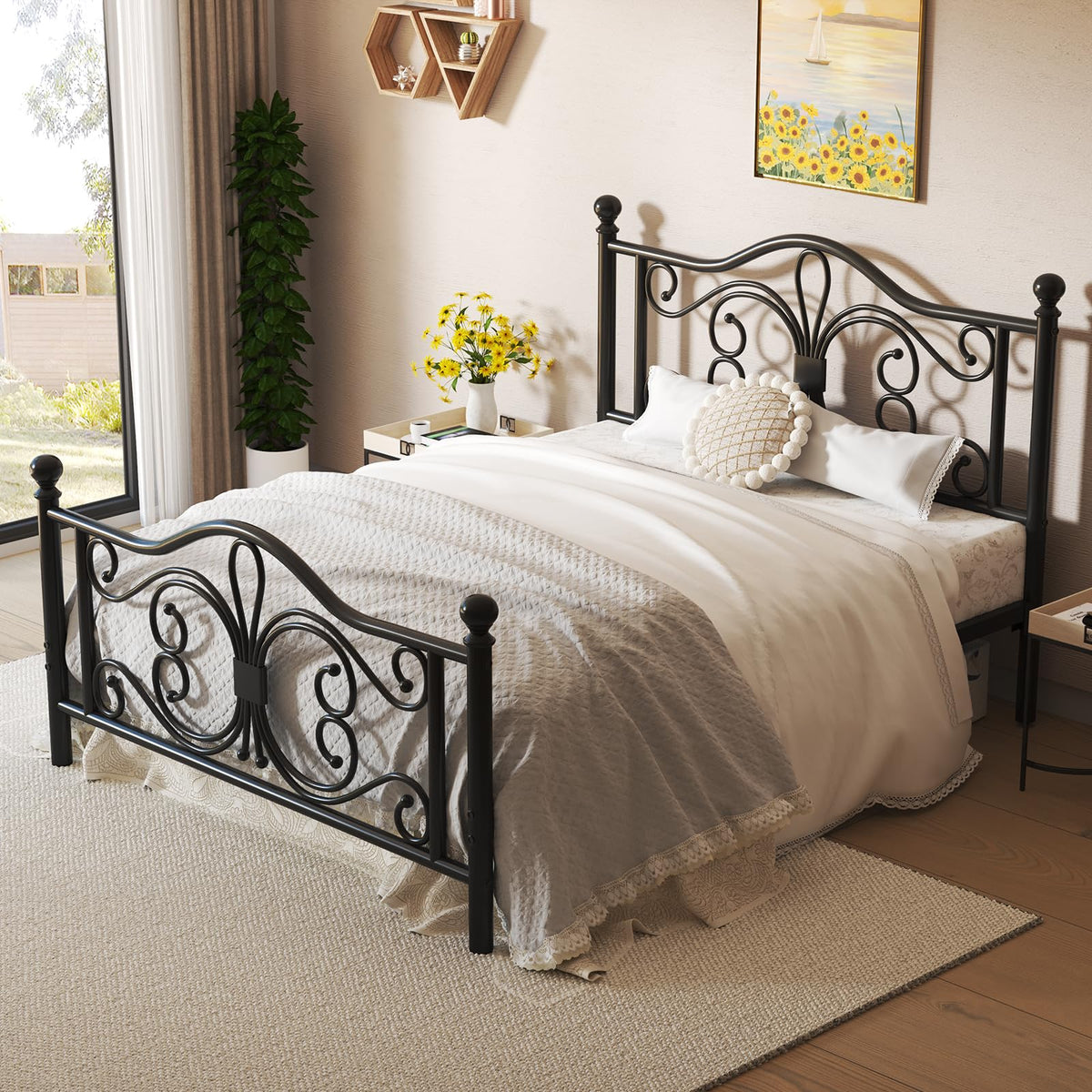 Black Full Bed Frame with Butterfly Pattern Headboard & Footboard D94200