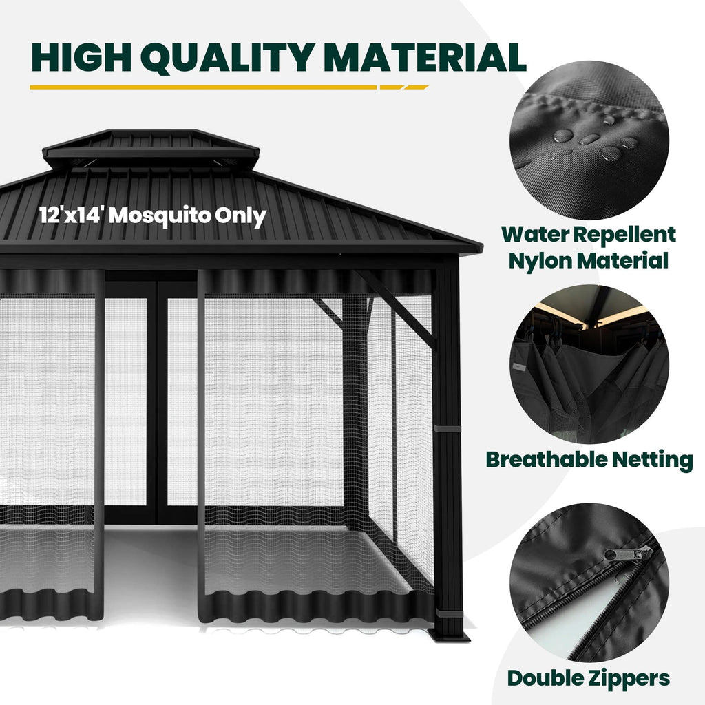 12' x 14' 4-Panel Gazebo Mosquito Netting with Zippers, Black G736165