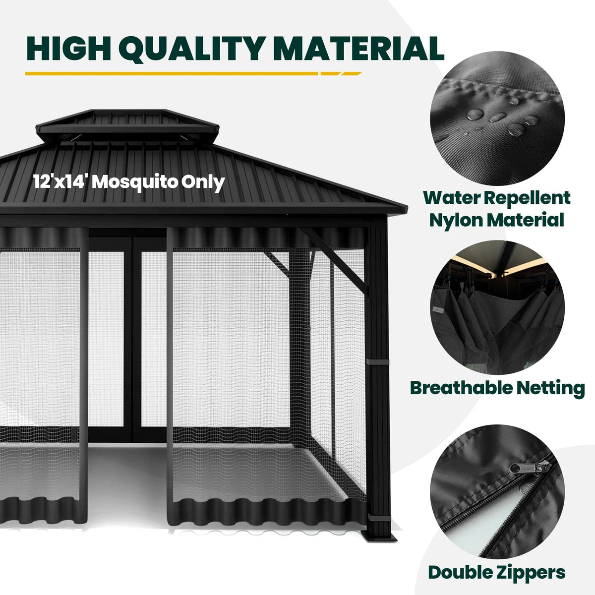 12' x 14' 4-Panel Gazebo Mosquito Netting with Zippers, Black G736165