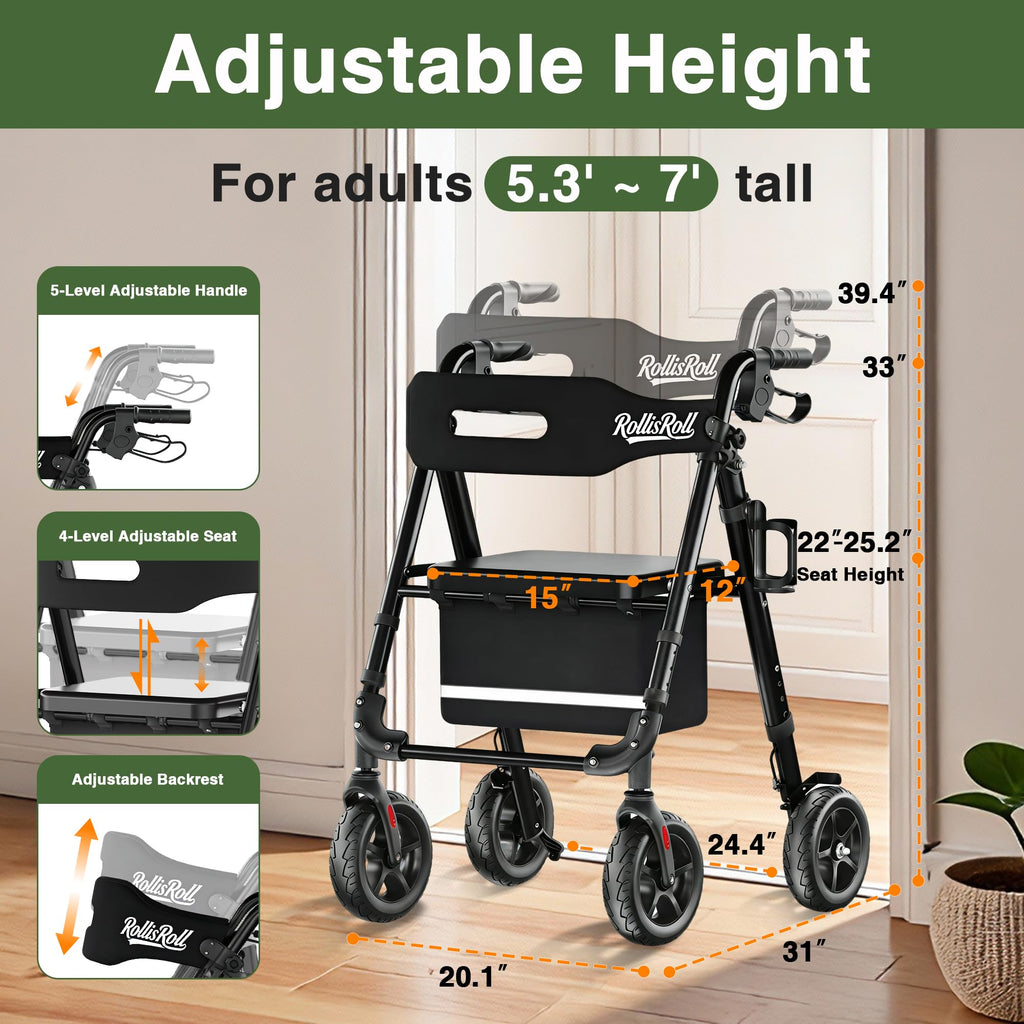 Lightweight Foldable Rollator Walker with 8" Rubber Wheels, 350lb Capacity, Black P784476