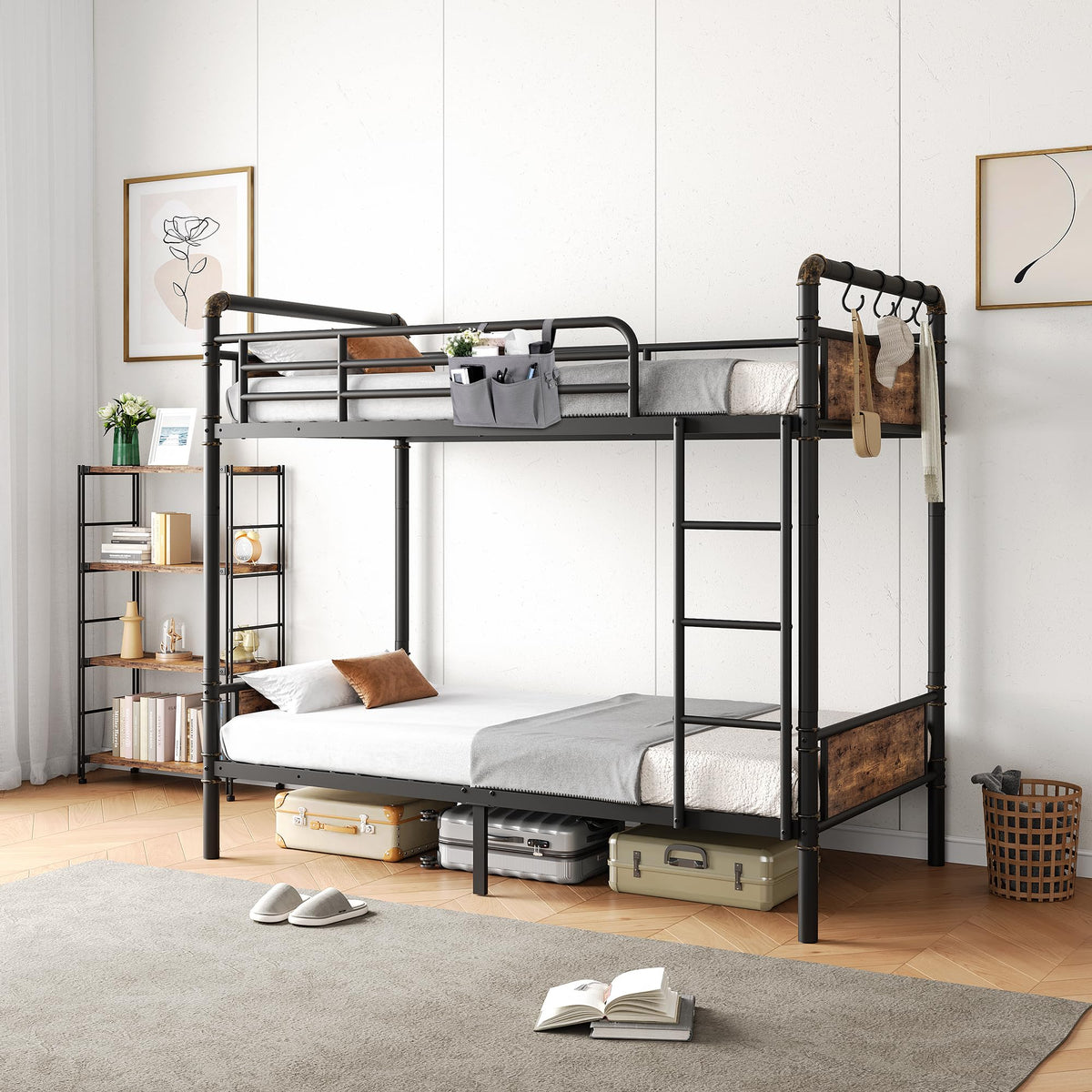 Twin Over Twin Metal Bunk Bed with Ladder and Guardrail R8197
