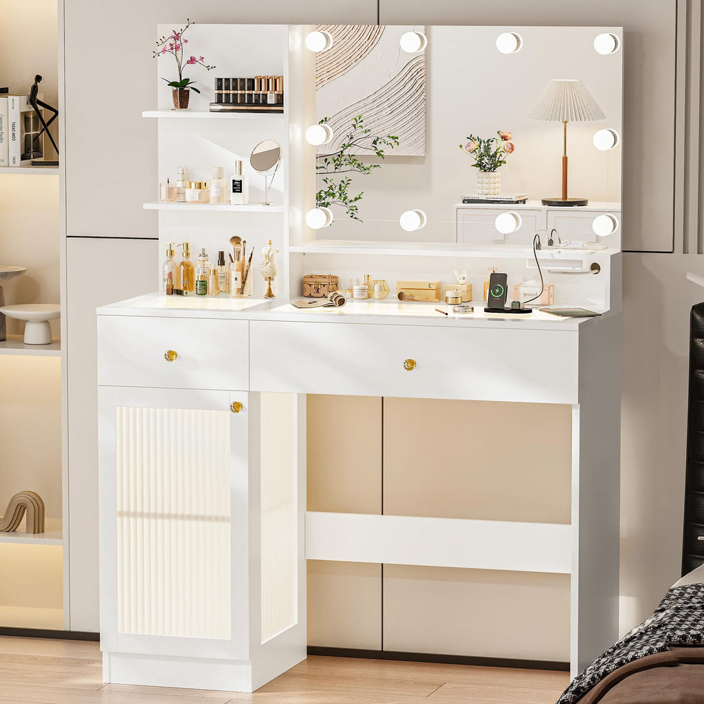 40" White Vanity Desk with Mirror and Lights J21761