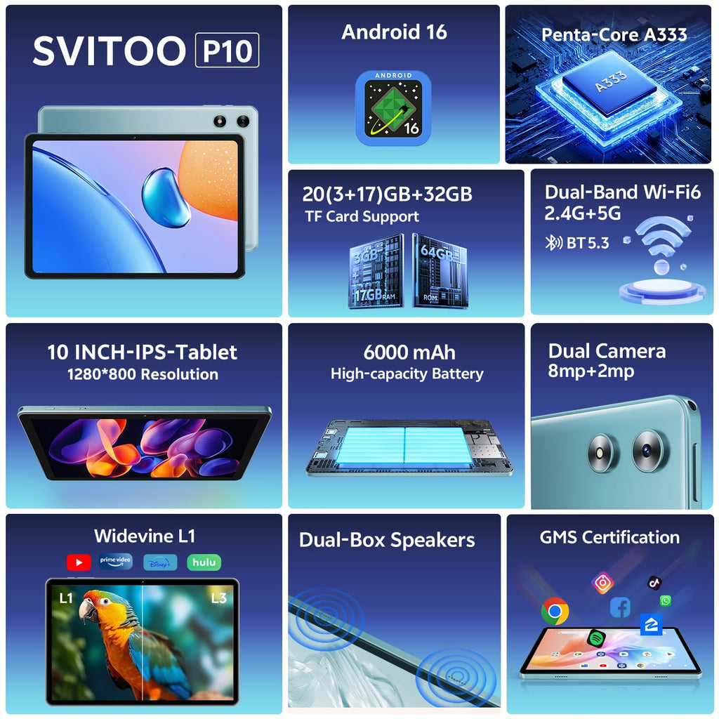 Android Tablet 10 Inch 20GB RAM 32GB Storage Blue X15024