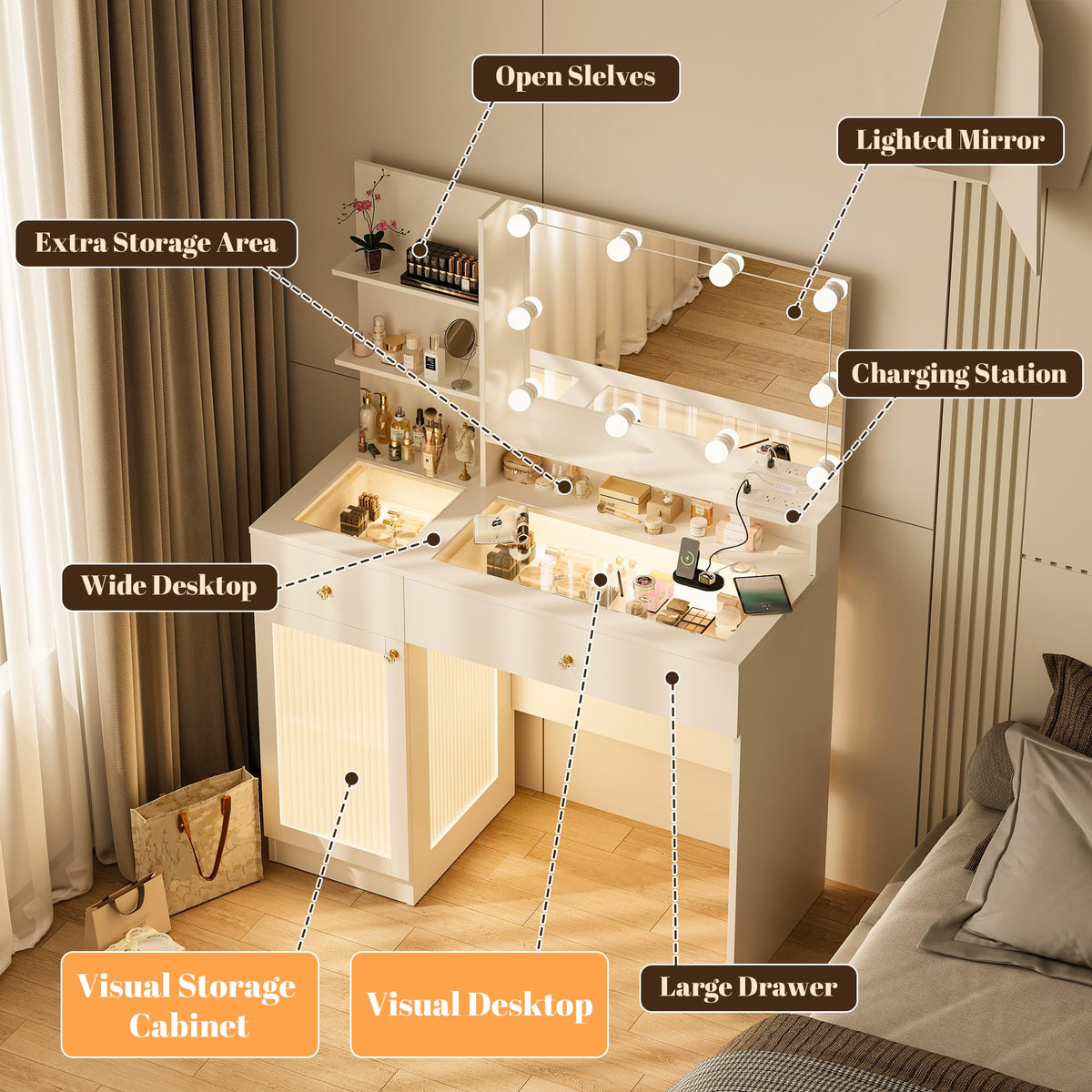 40" White Vanity Desk with Mirror and Lights J21761