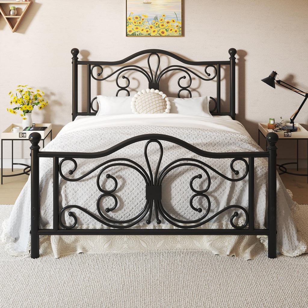 Black Full Bed Frame with Butterfly Pattern Headboard & Footboard D94200