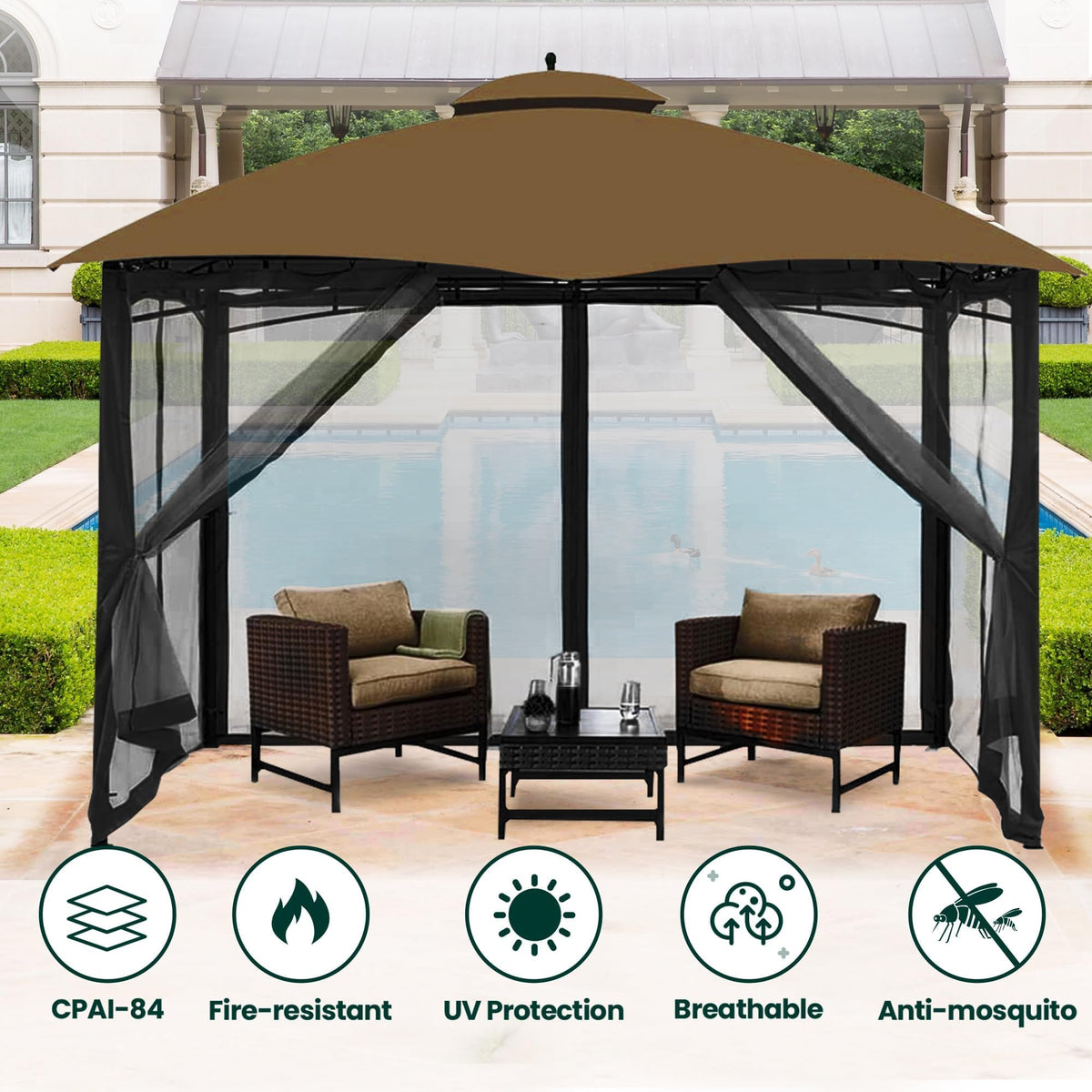 12' x 14' 4-Panel Gazebo Mosquito Netting with Zippers, Black G736165