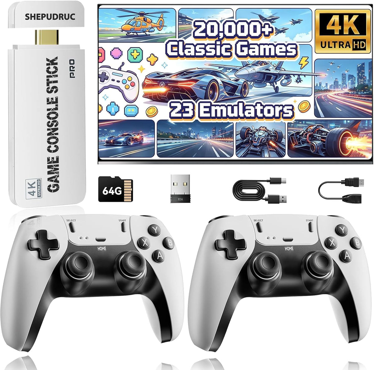 Wireless Retro Gaming Console Stick, 23 Built-In Emulators, 20,000+ Games, 4K HDMI Output, Dual 2.4G Wireless Controllers, 64GB W421