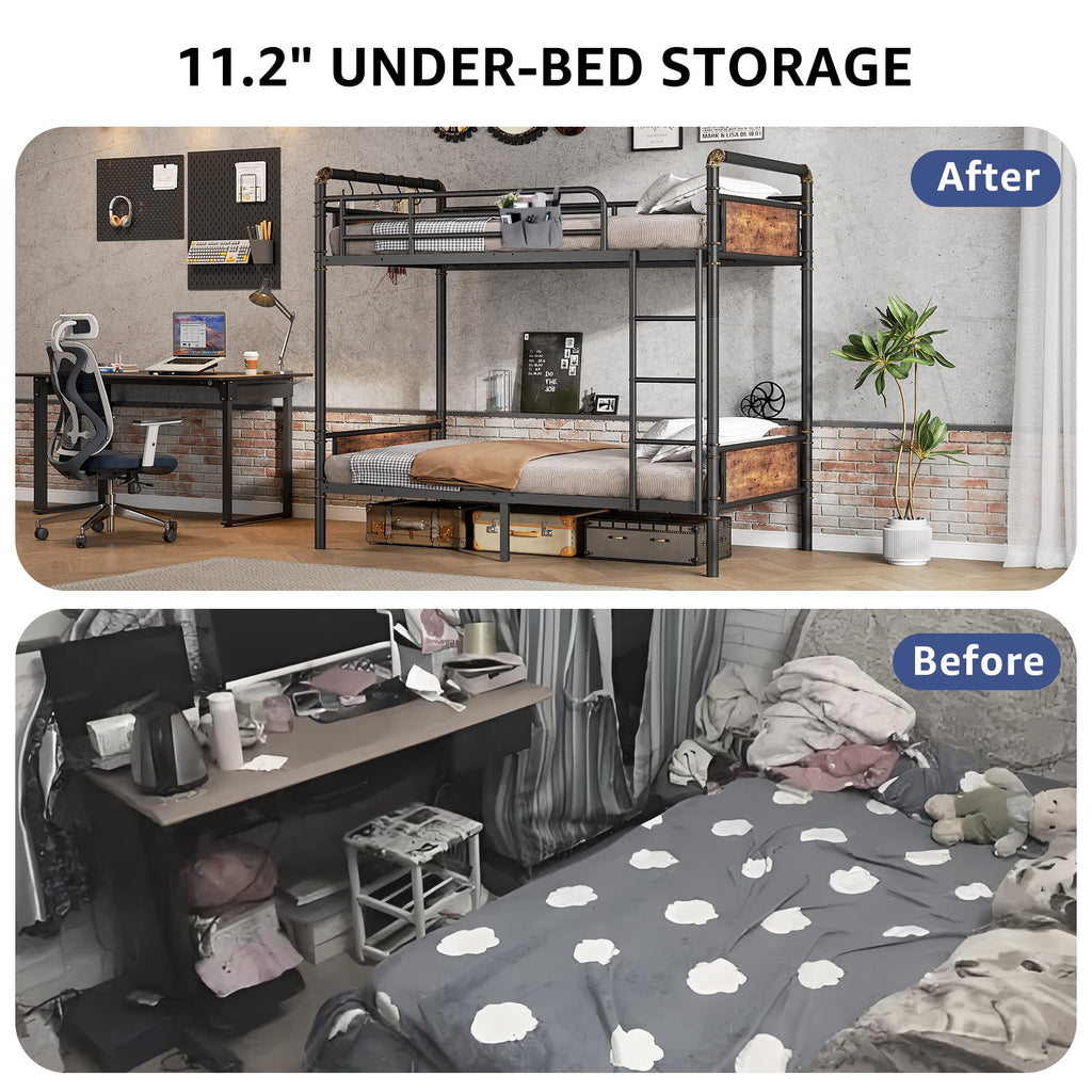Twin Over Twin Metal Bunk Bed with Ladder and Guardrail R8197