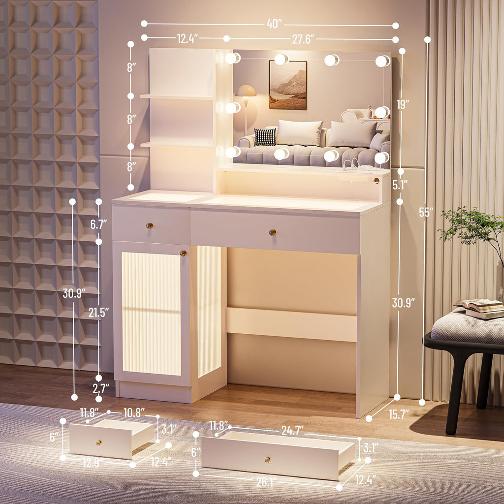 40" White Vanity Desk with Mirror and Lights J21761