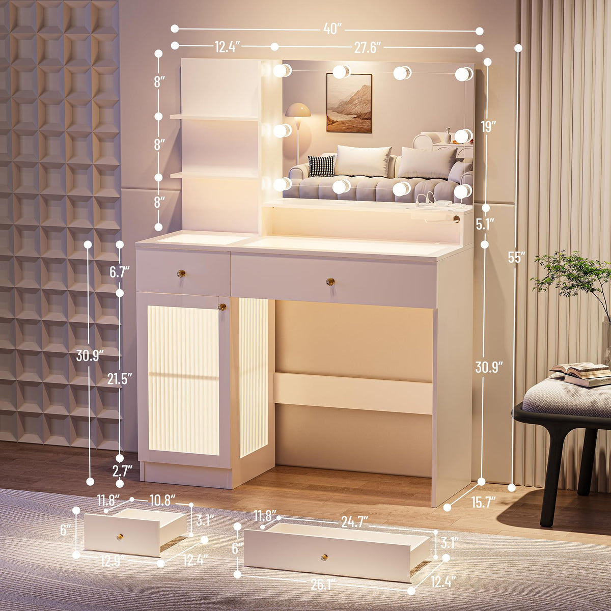 40" White Vanity Desk with Mirror and Lights J21761