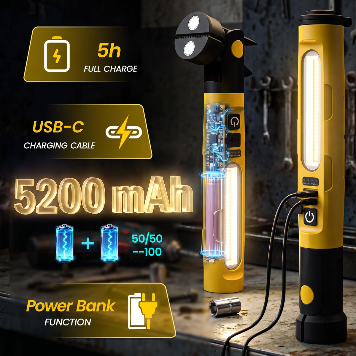 Magnetic Rechargeable LED Work Light with Detachable Dual Light Bars I401