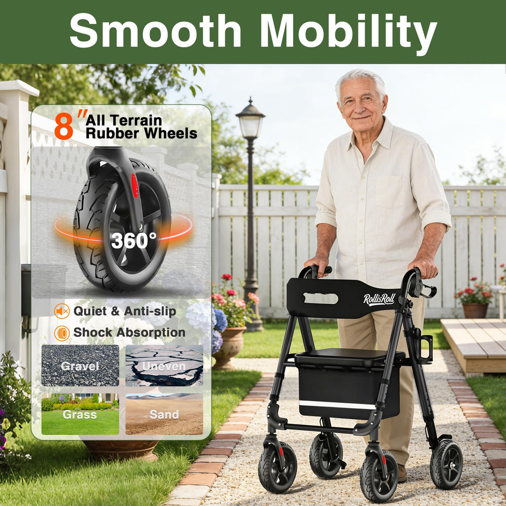 Lightweight Foldable Rollator Walker with 8" Rubber Wheels, 350lb Capacity, Black P784476